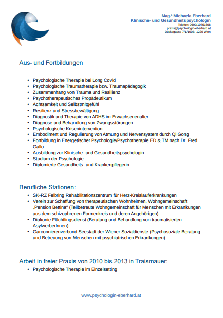 Ausbildungen, Fortbildungen Psychologin Michaela Eberhard